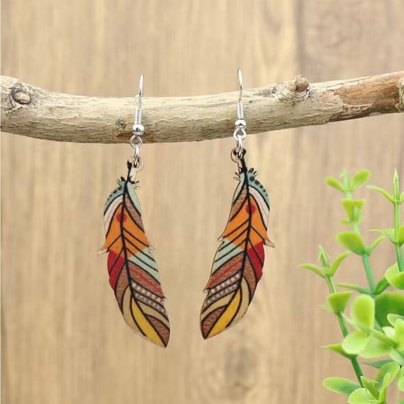 BOGO Multicolor Wood Feather 2" Earrings - Picture 6 of 9